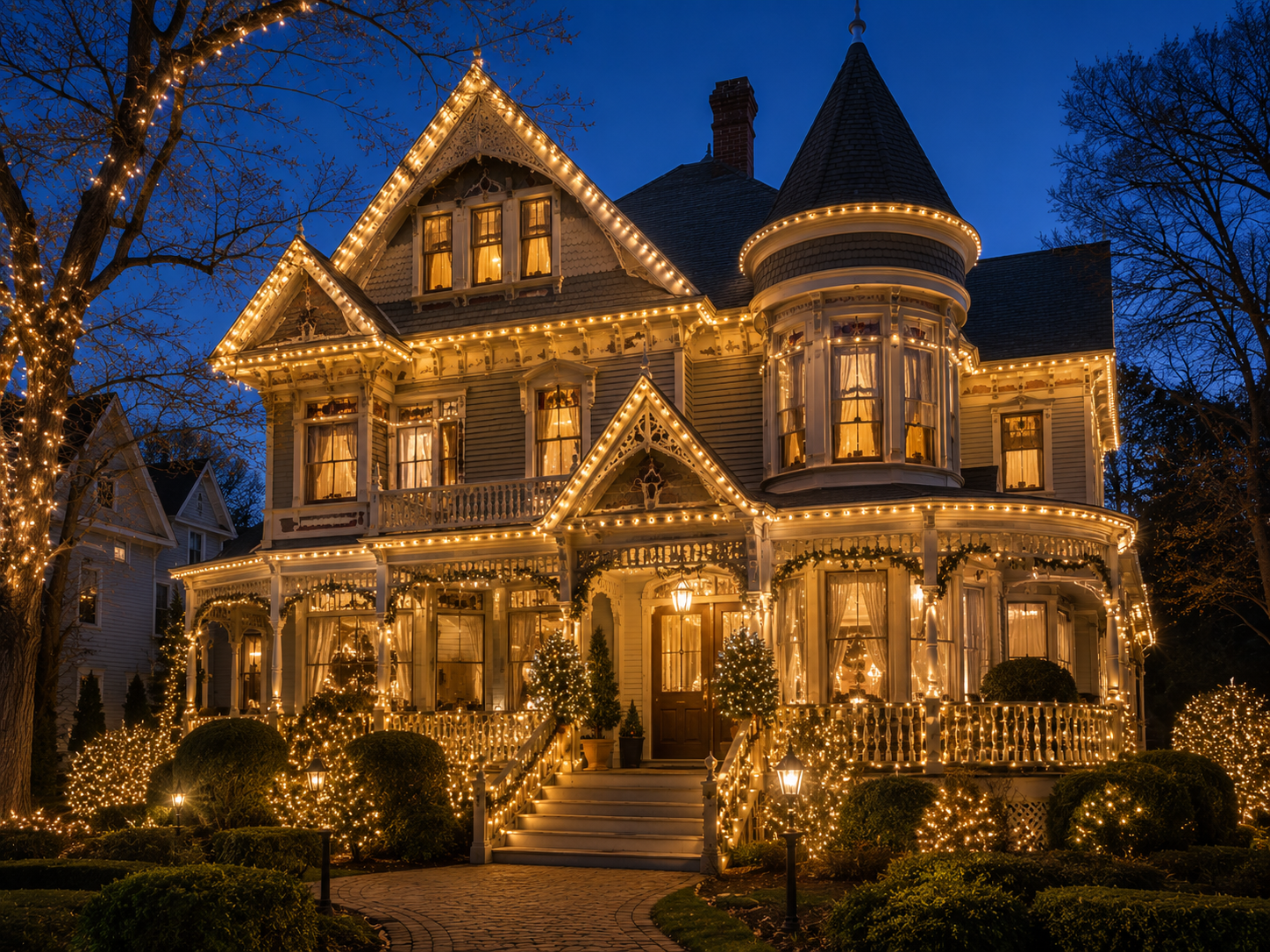 Pink Pro Holiday Lights - Victorian Home with Warm White Lights Pink Pro Holiday Lights - Victorian Home with Warm White Lights