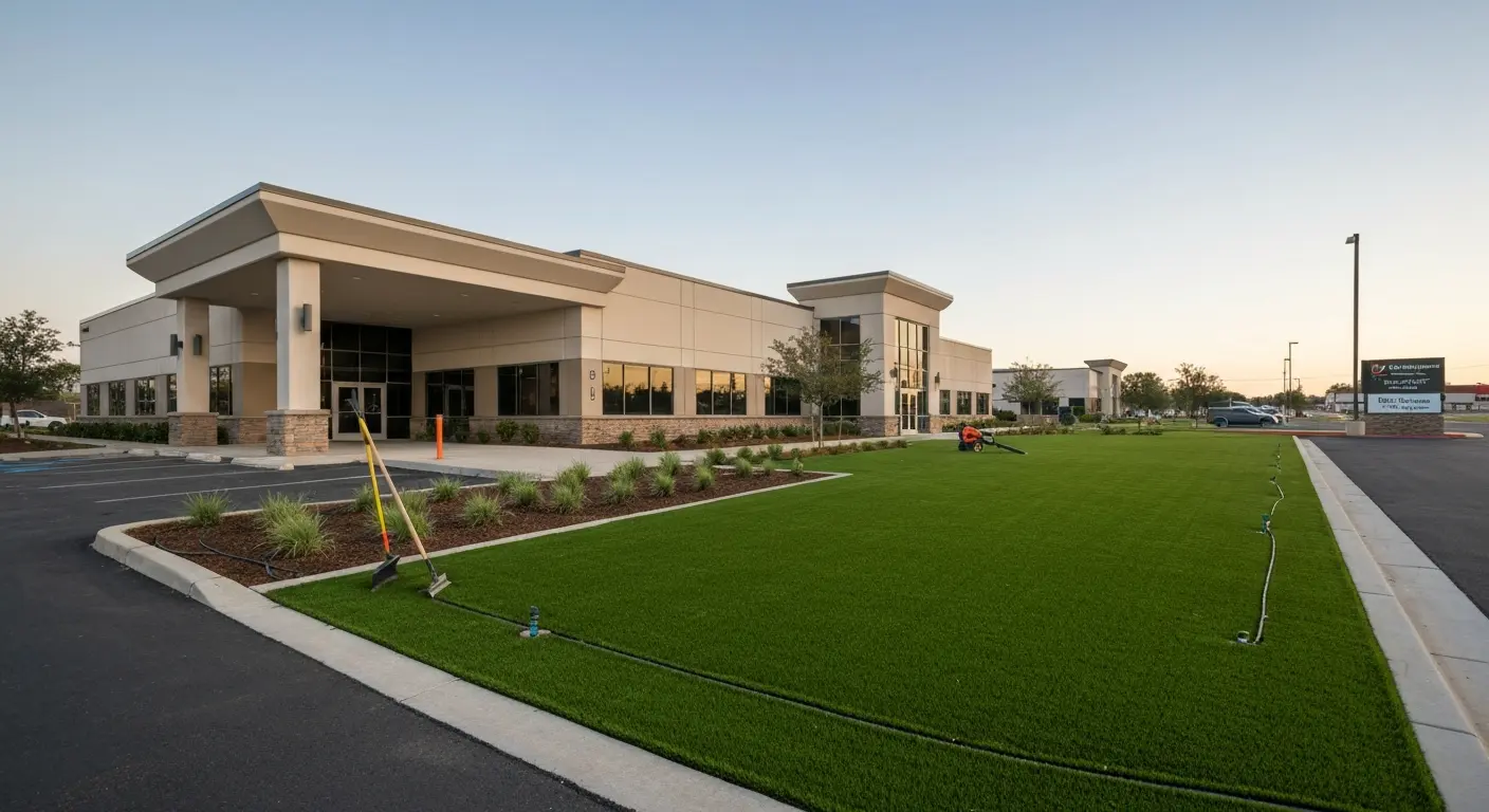 Commercial office building with artificial turf