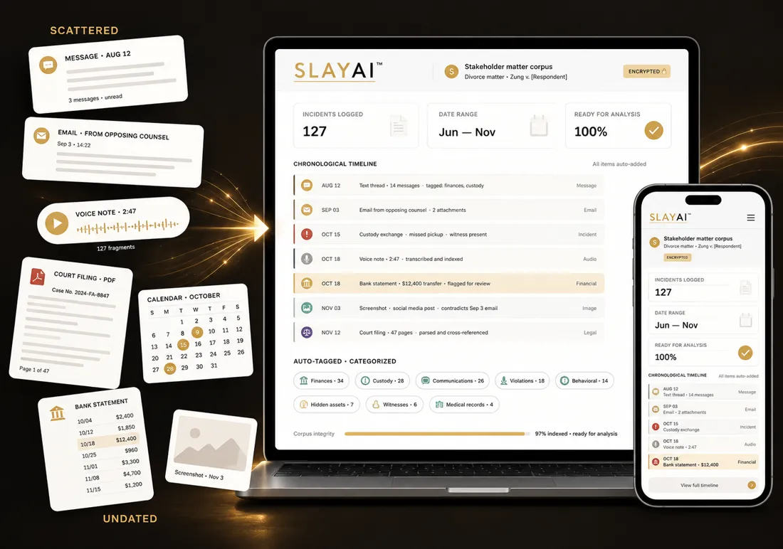 SLAY AI turns scattered messages, documents and records into one dated timeline