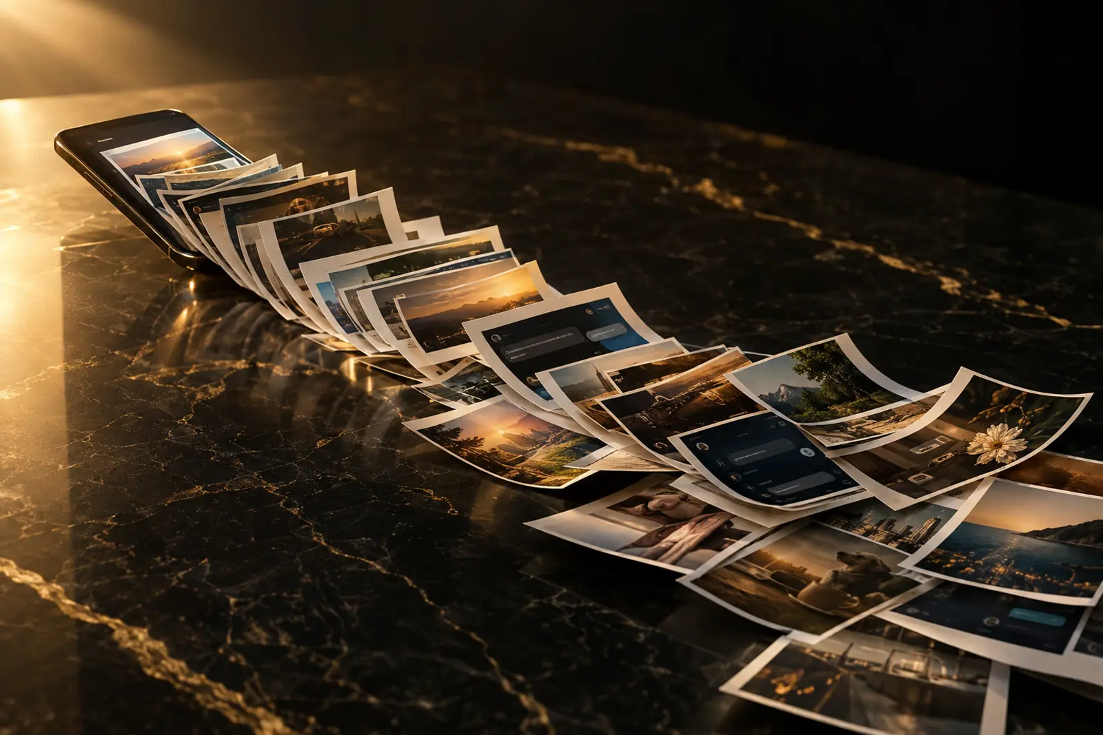A phone spilling a long fan of printed screenshots across a desk