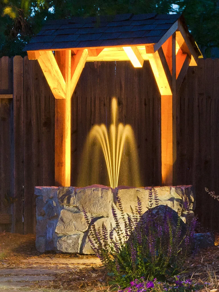 Sacramento illuminated pavilion fountain and garden water feature by Lavish Gardens Landscape