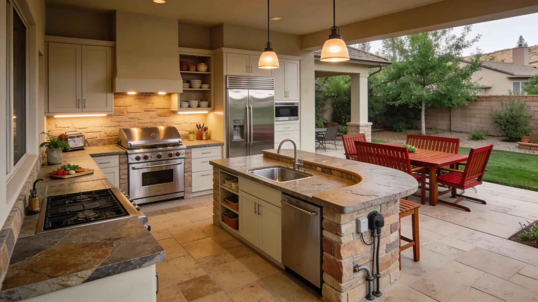 Functional outdoor kitchen layout with cooking preparation and serving zones