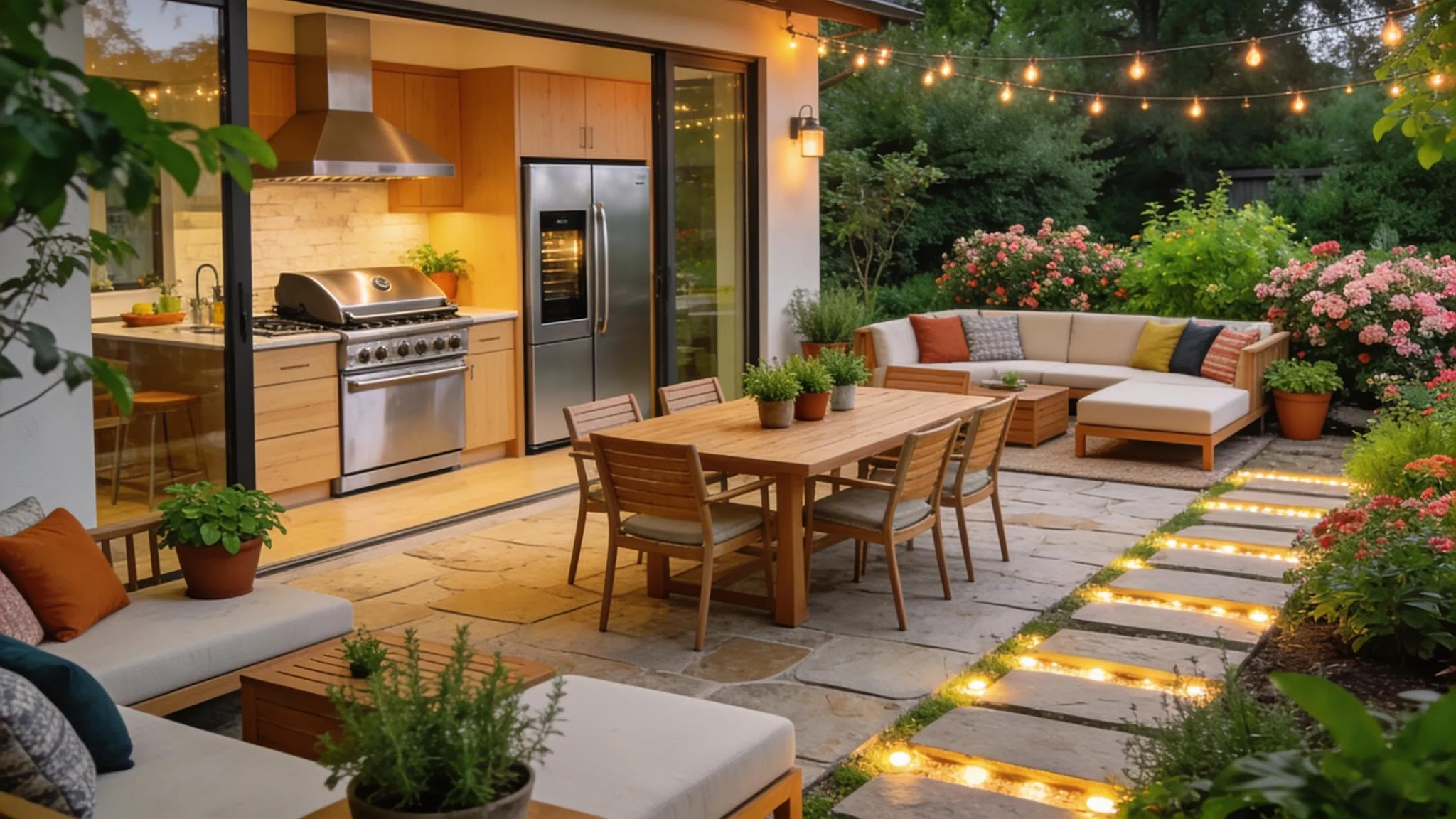 Integrated patio design with defined outdoor living zones