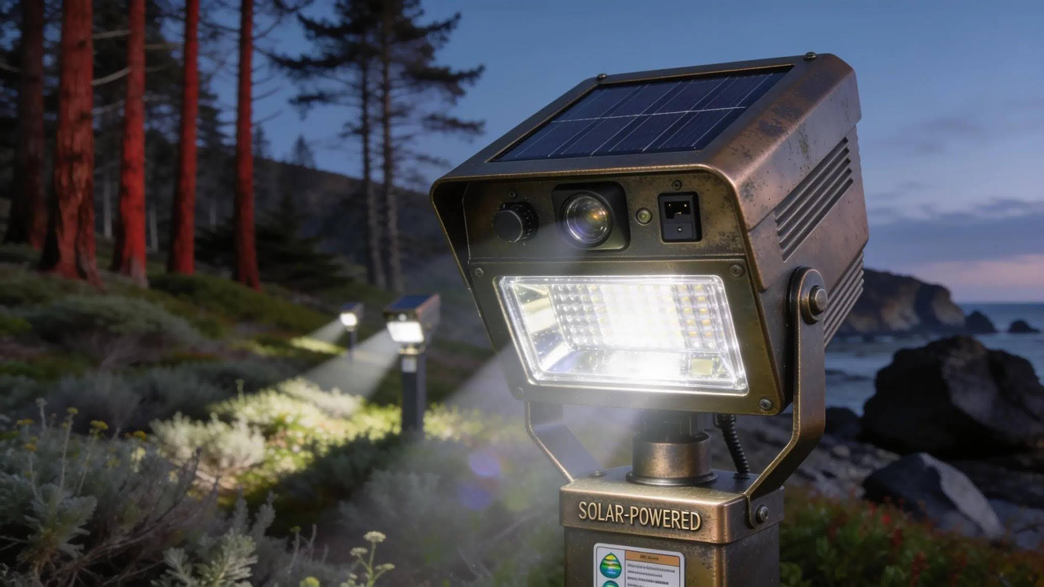 Landscape lighting using contrast and focal illumination around outdoor features