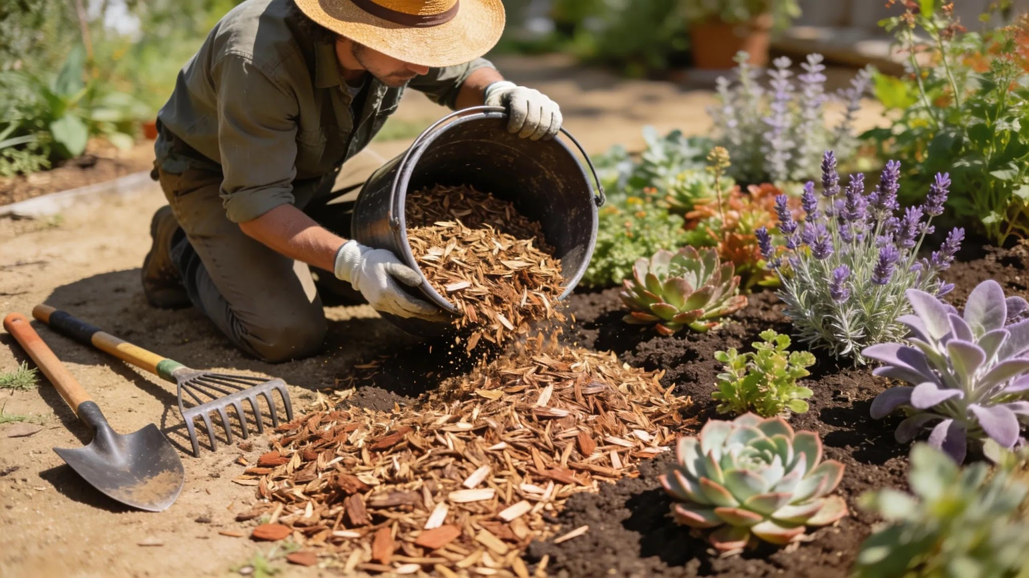 Mulched drought-tolerant planting and prepared soil in a xeriscape garden