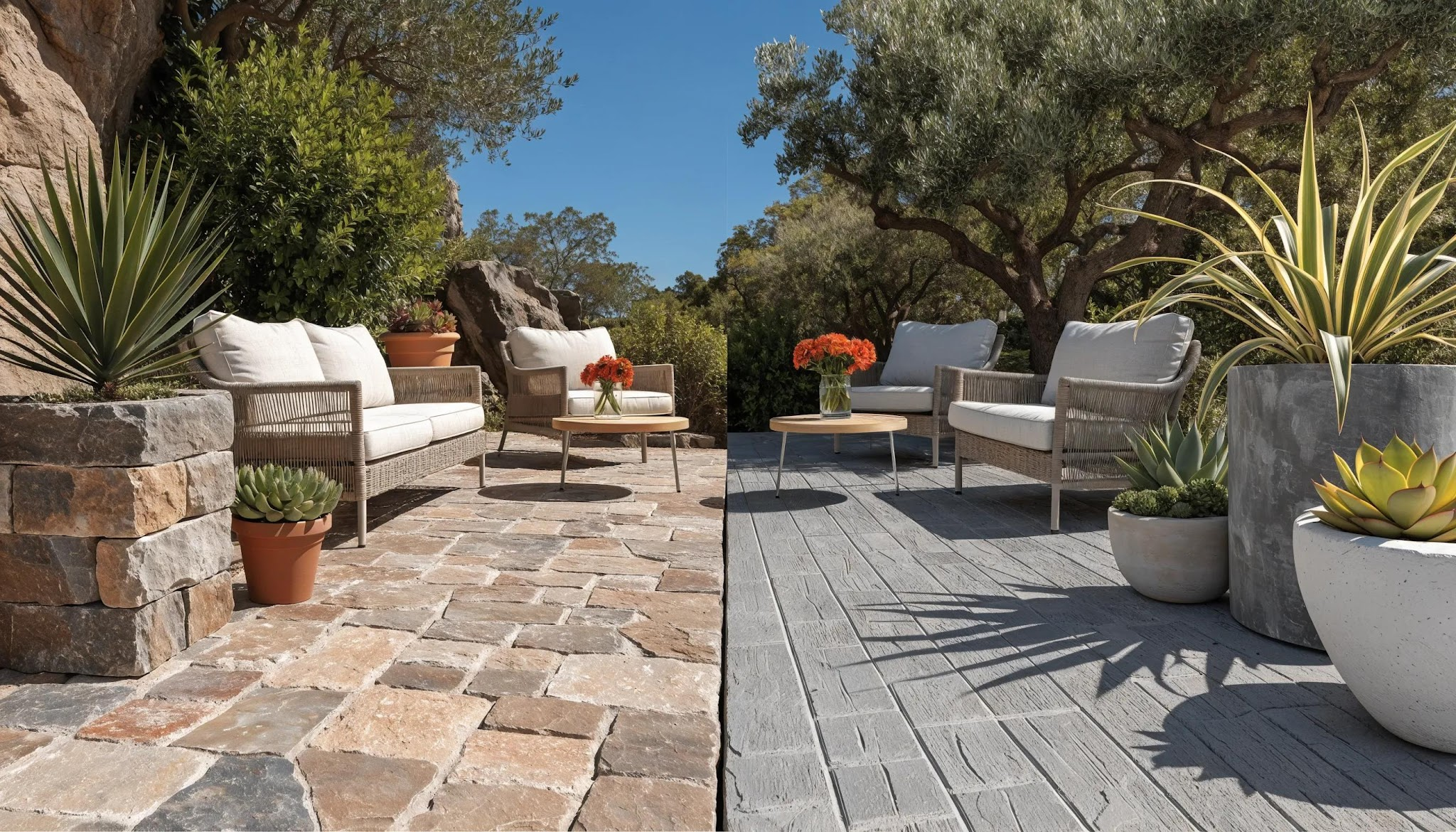 Custom pavers and stamped concrete comparison for Zone 9b outdoor flooring