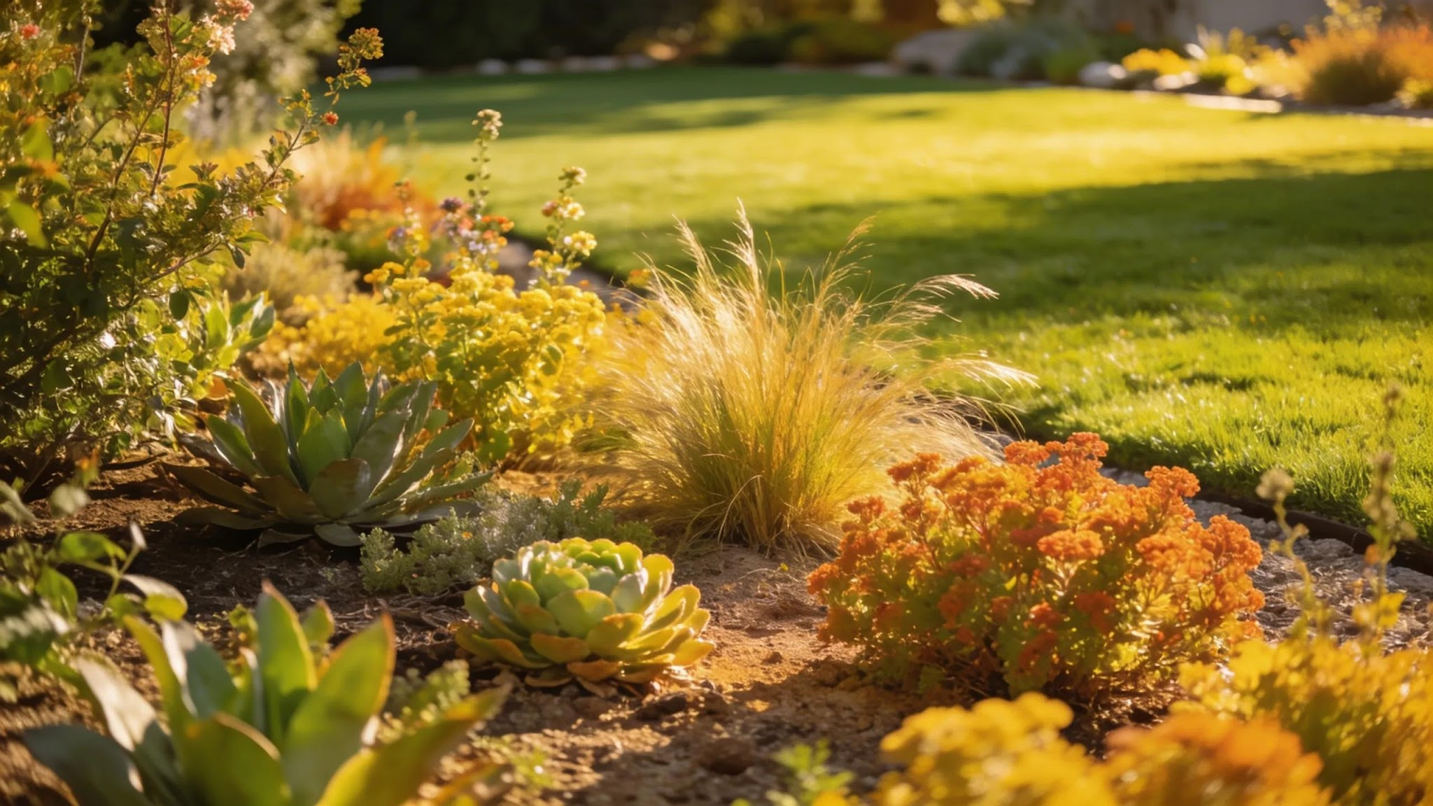 Xeriscape landscape installation with drought tolerant plants