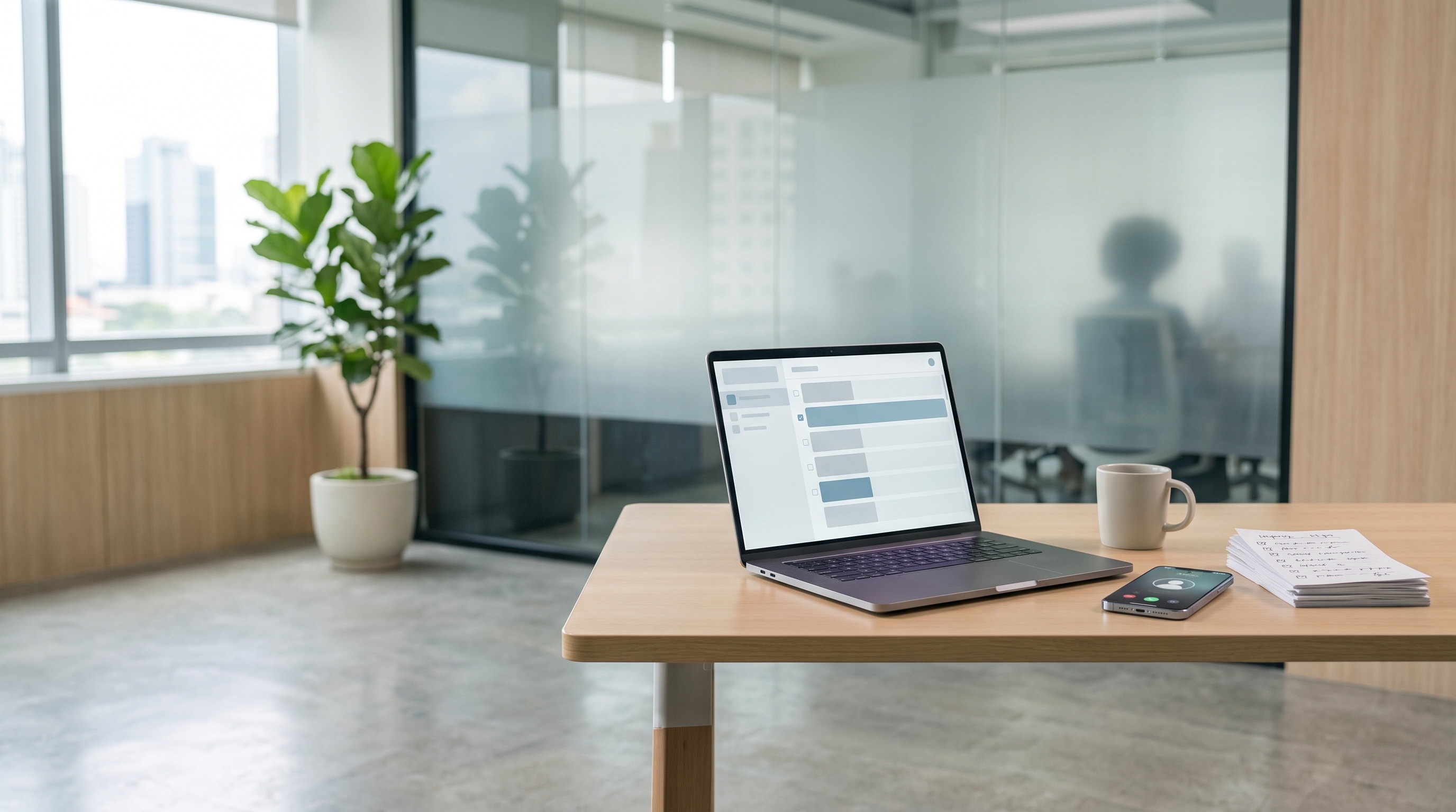 A sales desk with an unanswered ringing phone and a stack of inquiry notes beside a laptop