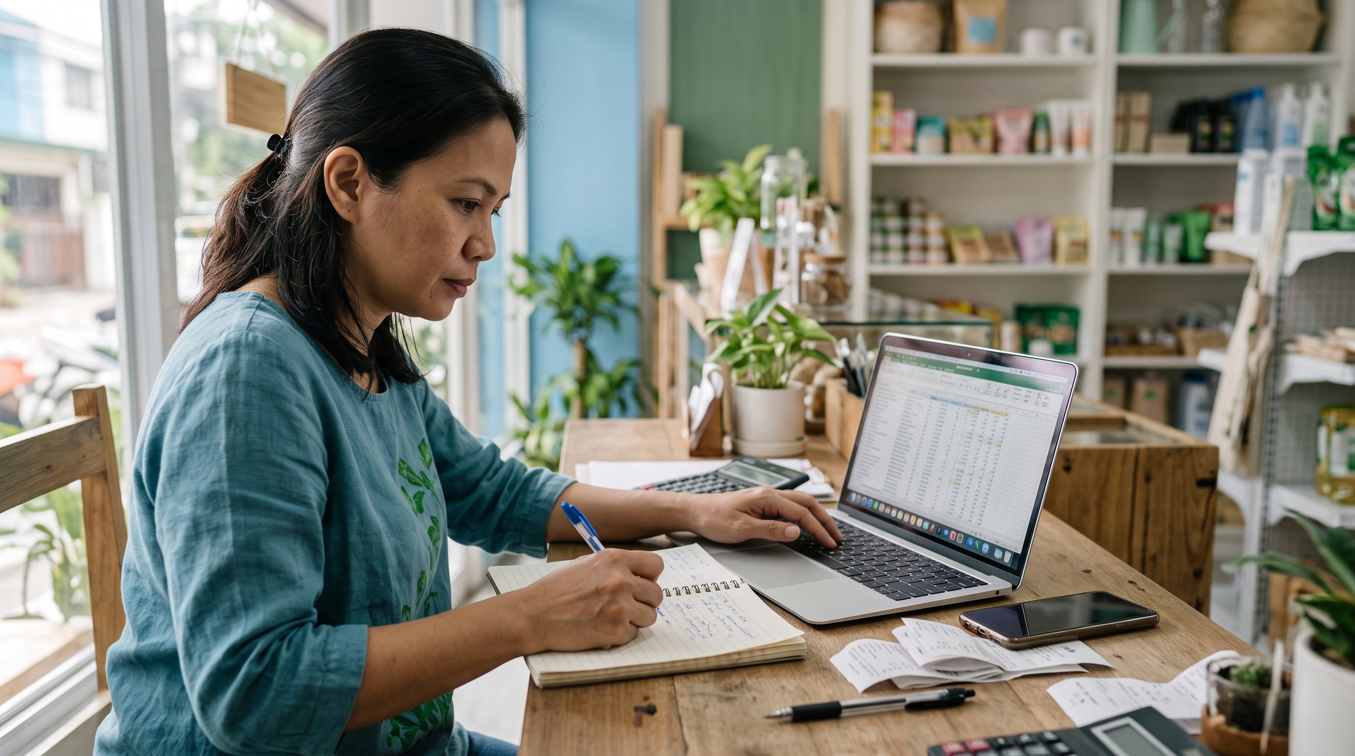 An SME owner at a shop counter copying order details from a notebook into a laptop spreadsheet