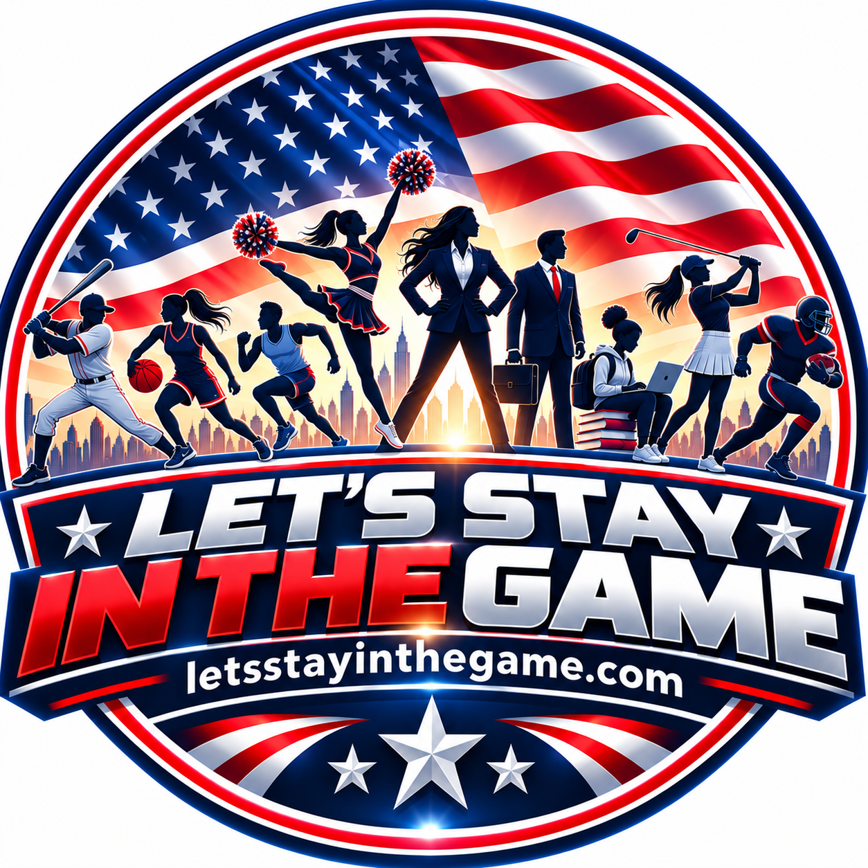 Let's Stay in the Game round badge with the web address letsstayinthegame.org.