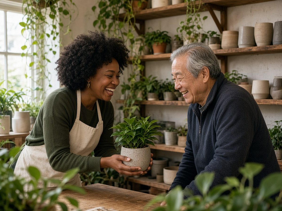A smiling shop employee in an apron hands a potted plant to a laughing customer in a small plant shop.