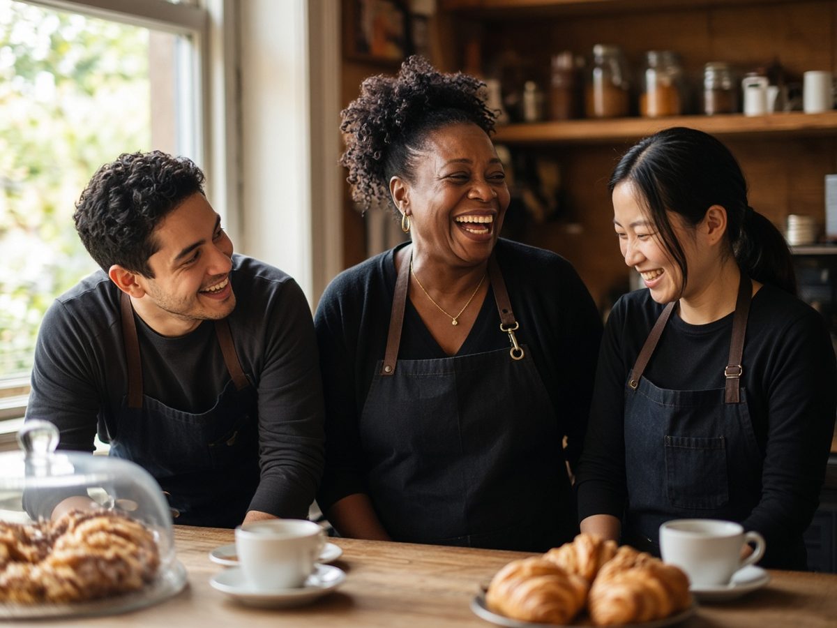 A smiling cafe owner laughs with two staff members in aprons behind a wooden counter with coffee cups and pastries.