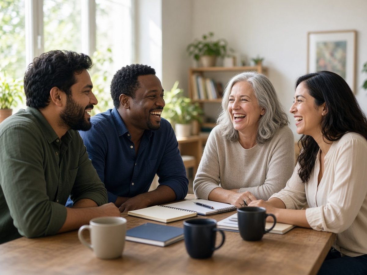 A small office team of four coworkers laughs together around a wooden table with notebooks and coffee mugs.