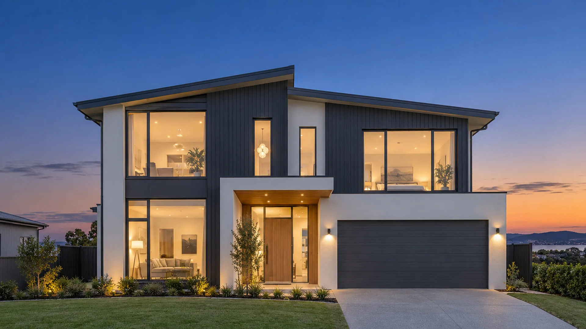 The completed home at dusk