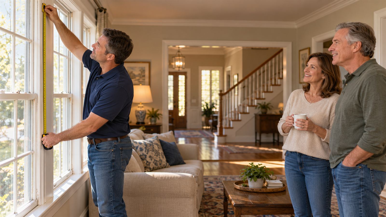 A Ridgeline estimator measures a living-room window while the homeowners watch