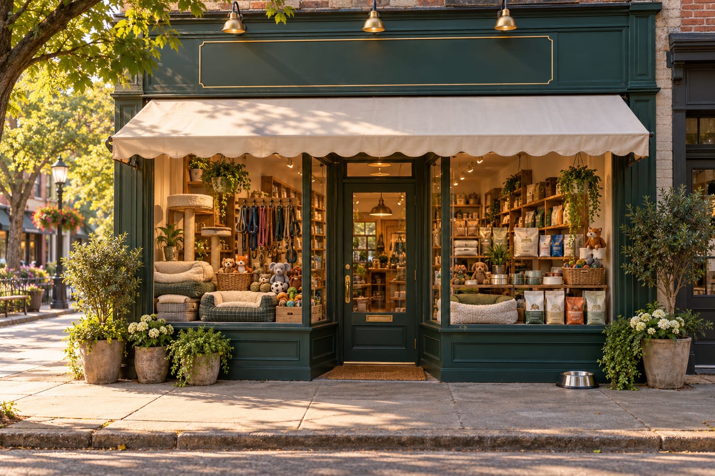 The front of a small, green-painted neighborhood pet shop