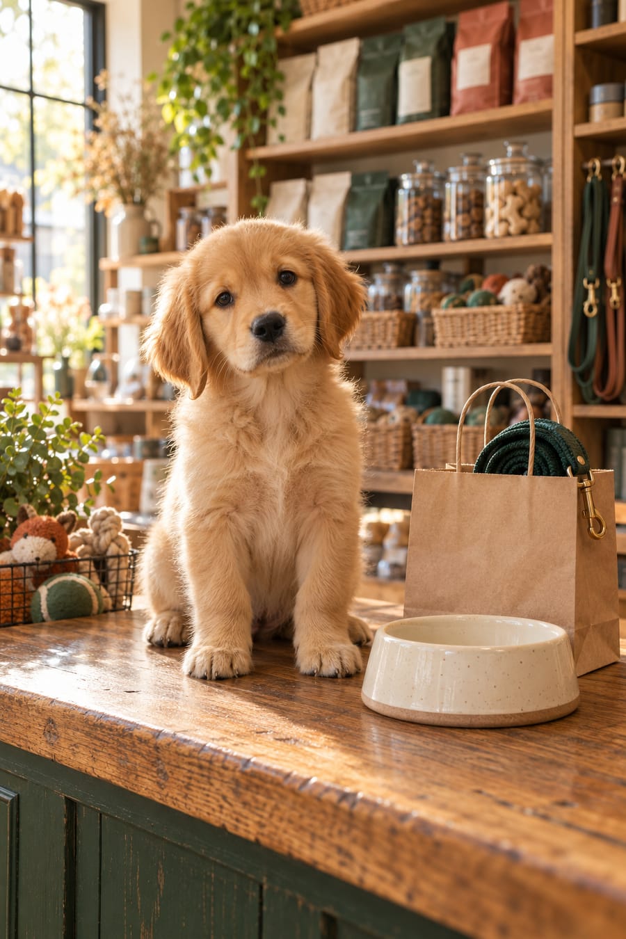 A golden retriever puppy sitting on the counter of a small pet shop