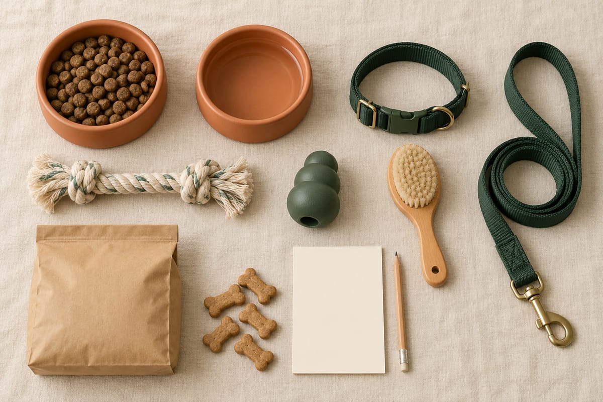 A new-puppy starter kit laid out on cream linen: bowls, collar, leash, chew toys and treats