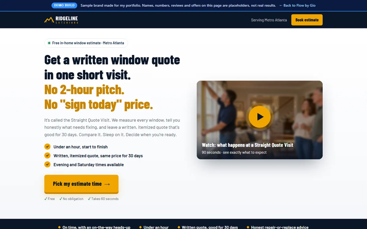 Ridgeline Exteriors landing page: get a written window quote in one short visit