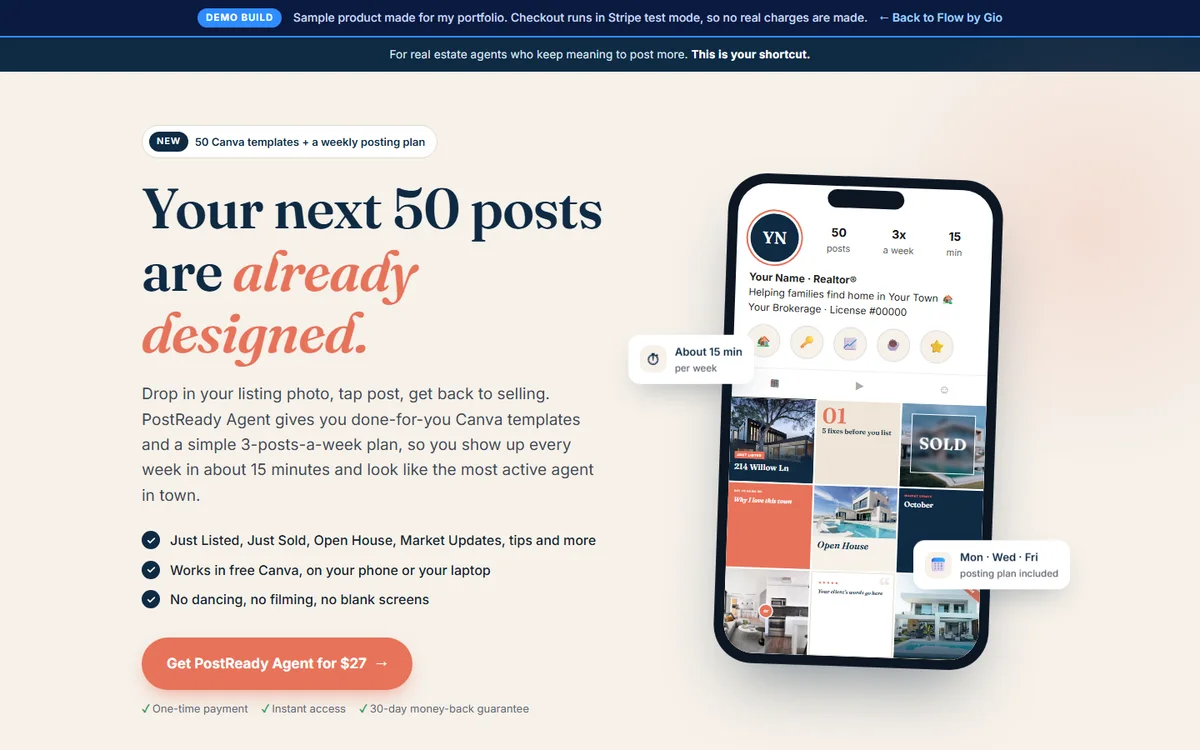 PostReady Agent sales page: your next 50 posts are already designed