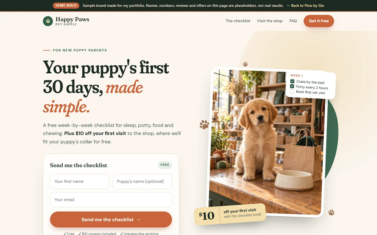 Happy Paws landing page: your puppy's first 30 days, made simple, with a free checklist form