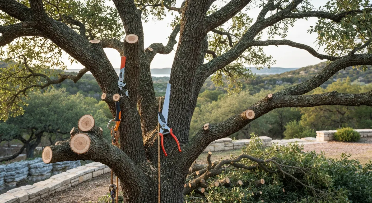 Certified arborist pruning live oak for health and structure