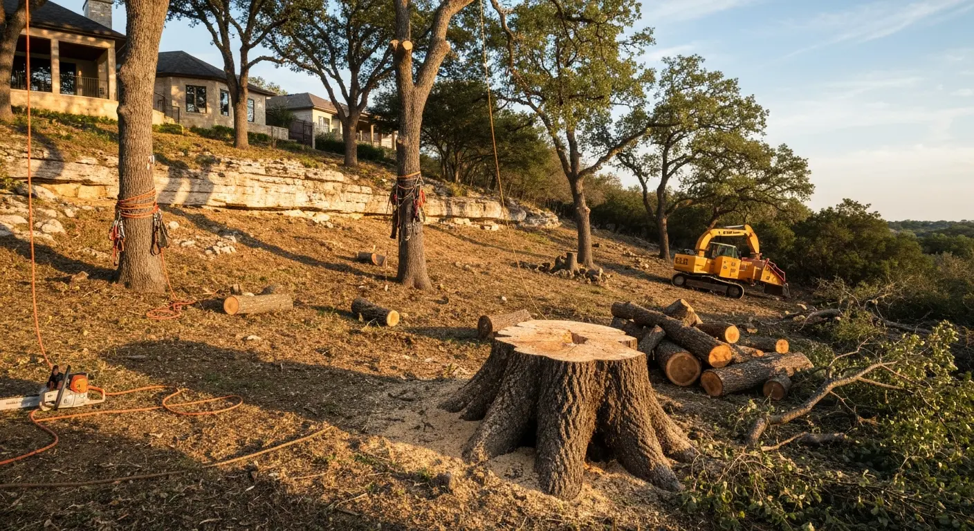 Professional tree removal on steep Lakeway property