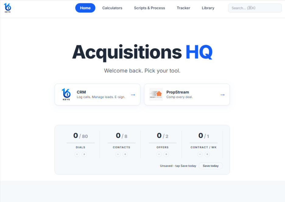 16 Keys Acquisitions HQ home dashboard
