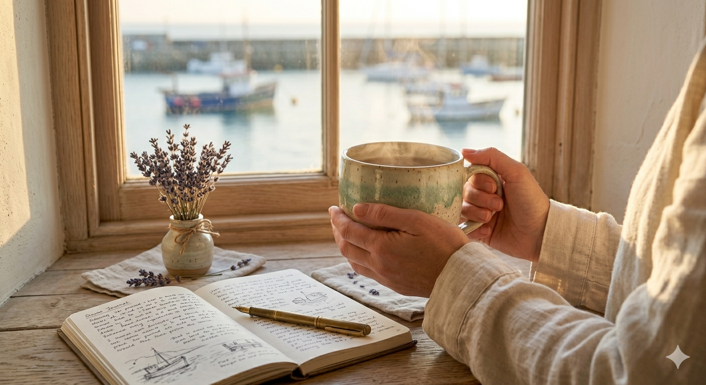 Tea and journal by the window