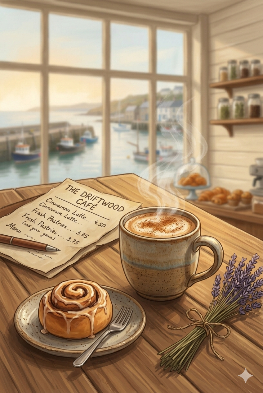 Warm cinnamon latte and pastry inside Harper's Harbor Café