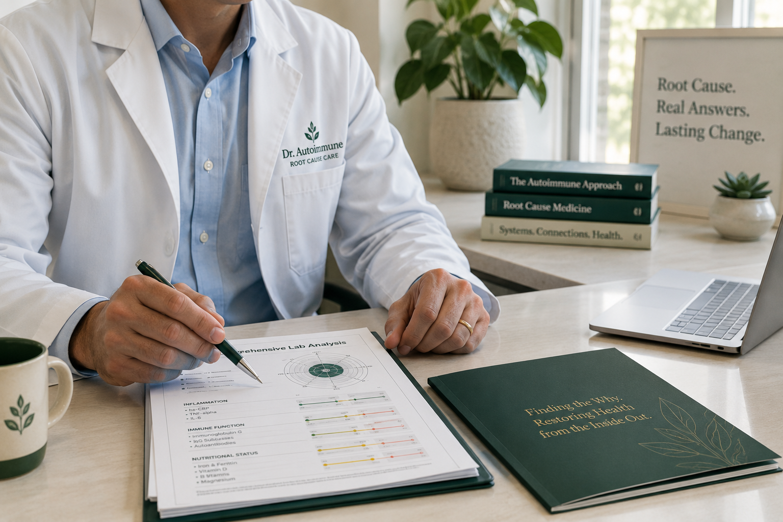 Faceless doctor reviewing root cause health patterns