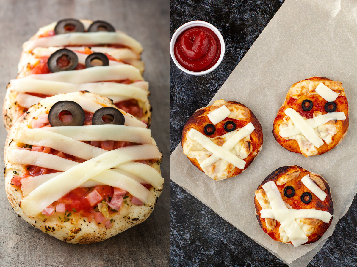 Two styles of mummy mini pizzas topped with cheese-strip bandages and black olive eyes. Two styles of mummy mini pizzas topped with cheese-strip bandages and black olive eyes.