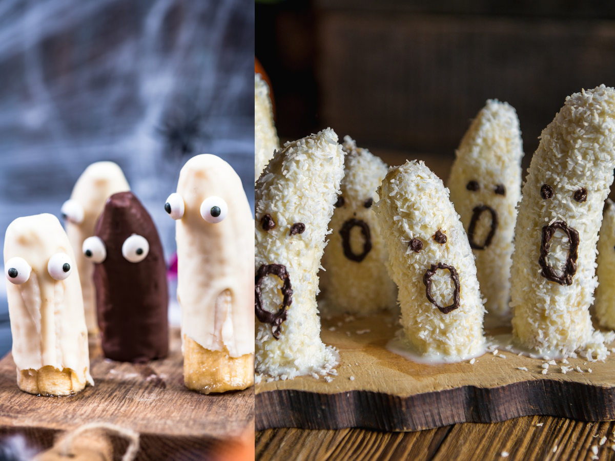 Two styles of coated banana ghosts with candy eyes and chocolate faces, including coconut-covered variations. Two styles of coated banana ghosts with candy eyes and chocolate faces, including coconut-covered variations.