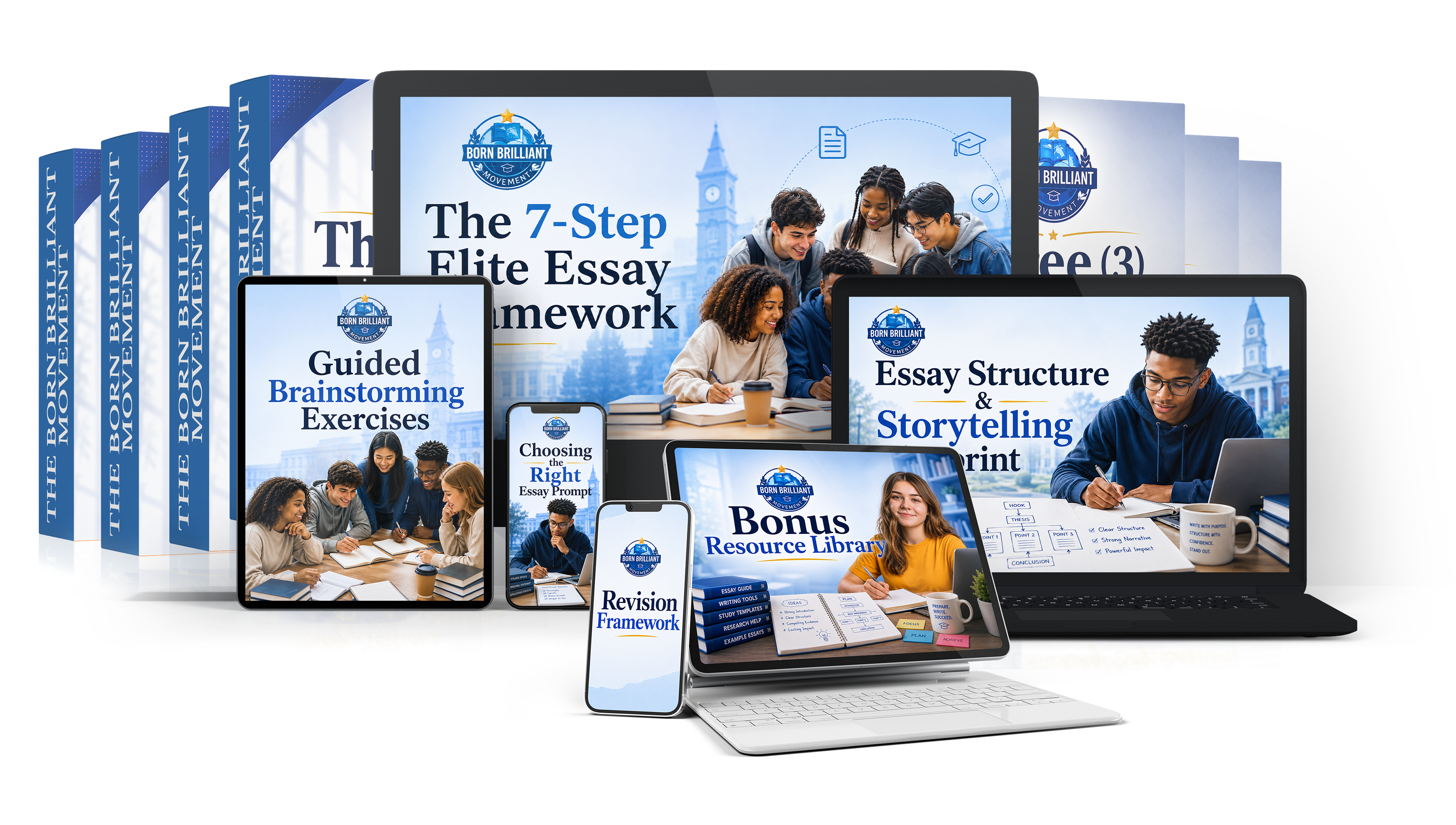 Elite College Essay course materials, including the 7-Step Elite Essay Framework, brainstorming exercises, and bonus resource library