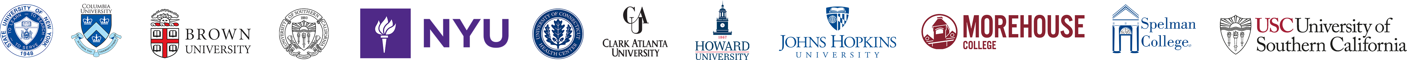 Logos of colleges Dr. A's students were admitted to: SUNY, Columbia University, Brown University, University of Southern California, NYU, UConn, Clark Atlanta University, Howard University, Johns Hopkins University, Morehouse College, Spelman College