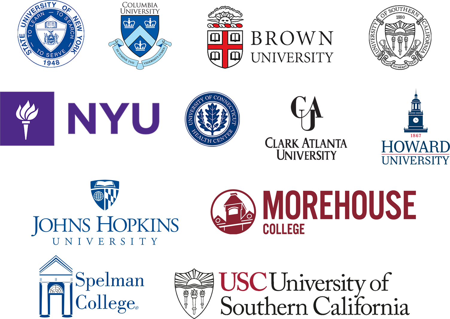 Logos of colleges Dr. A's students were admitted to: SUNY, Columbia University, Brown University, University of Southern California, NYU, UConn, Clark Atlanta University, Howard University, Johns Hopkins University, Morehouse College, Spelman College