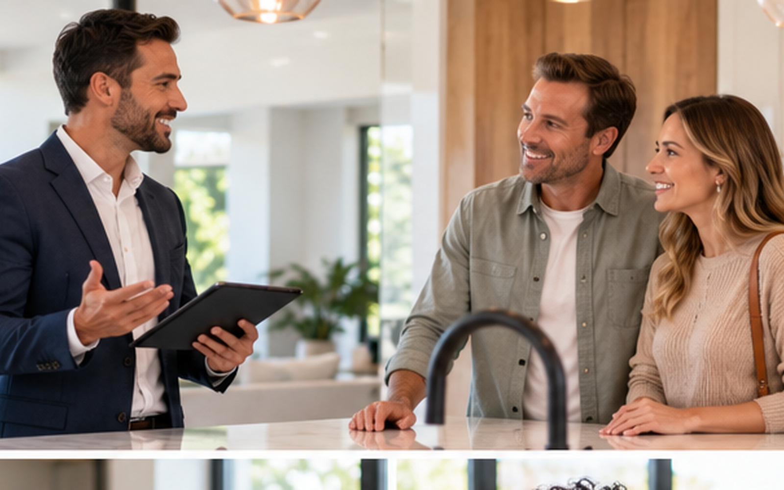 Real estate agent in a relaxed first conversation with a couple at an open house