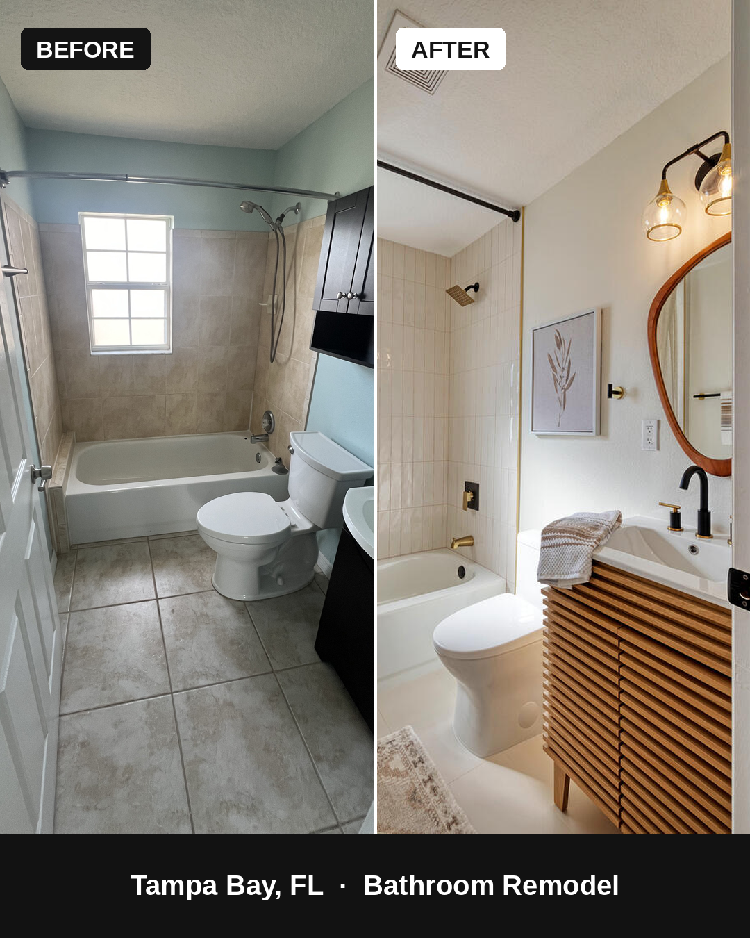 Before and after of a Tampa Bay bathroom remodel: dated beige tub surround and dark vanity on the left, new vertical tile, wood-slat vanity and brass fixtures on the right
