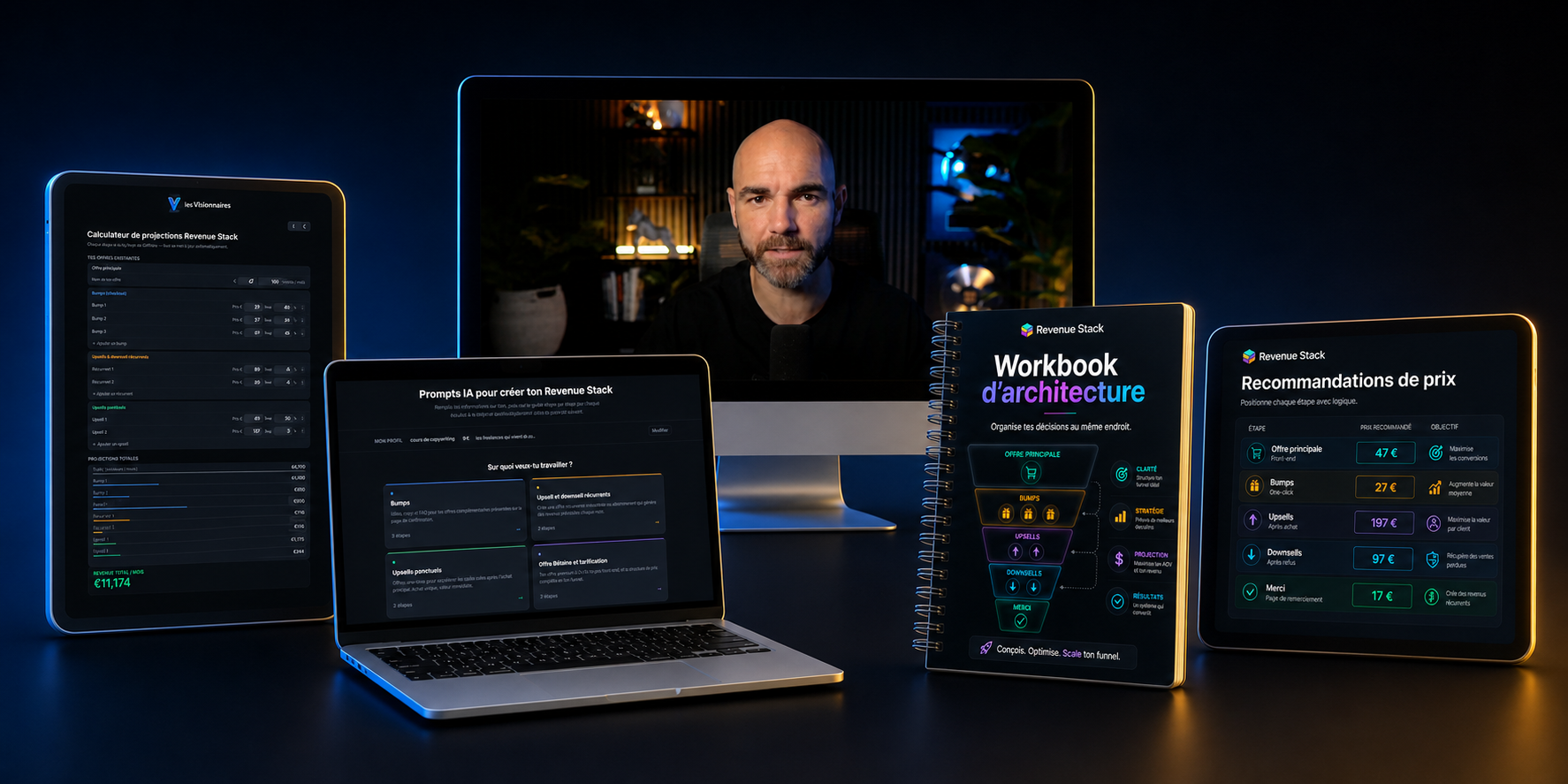 Le bundle Revenue Stack avec la formation vidéo, les prompts IA, le calculateur, les recommandations de prix et le workbook.