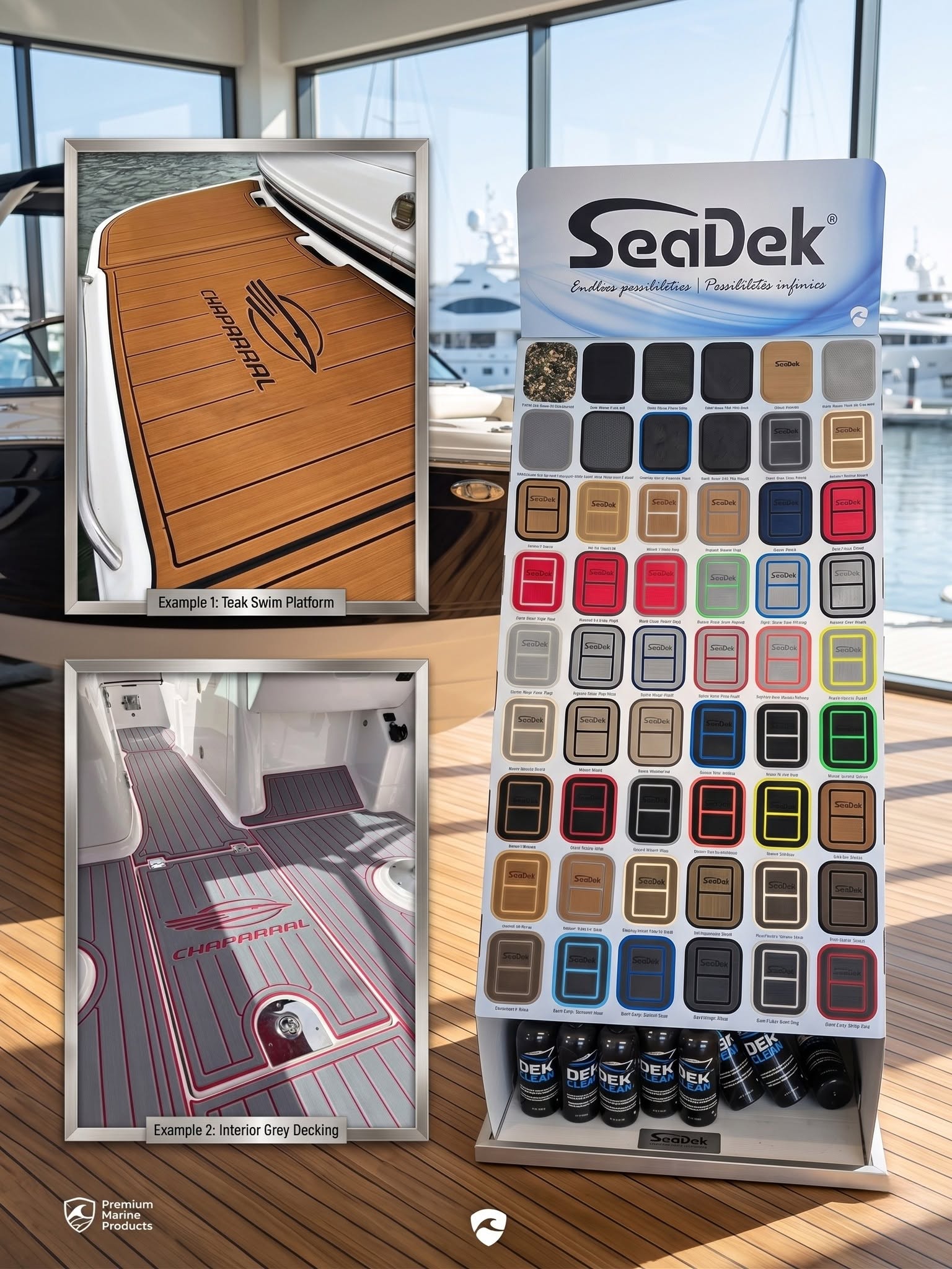 Présentoir SeaDek en magasin : plus de 50 couleurs et exemples de tapis marins personnalisés avec logo de marque
