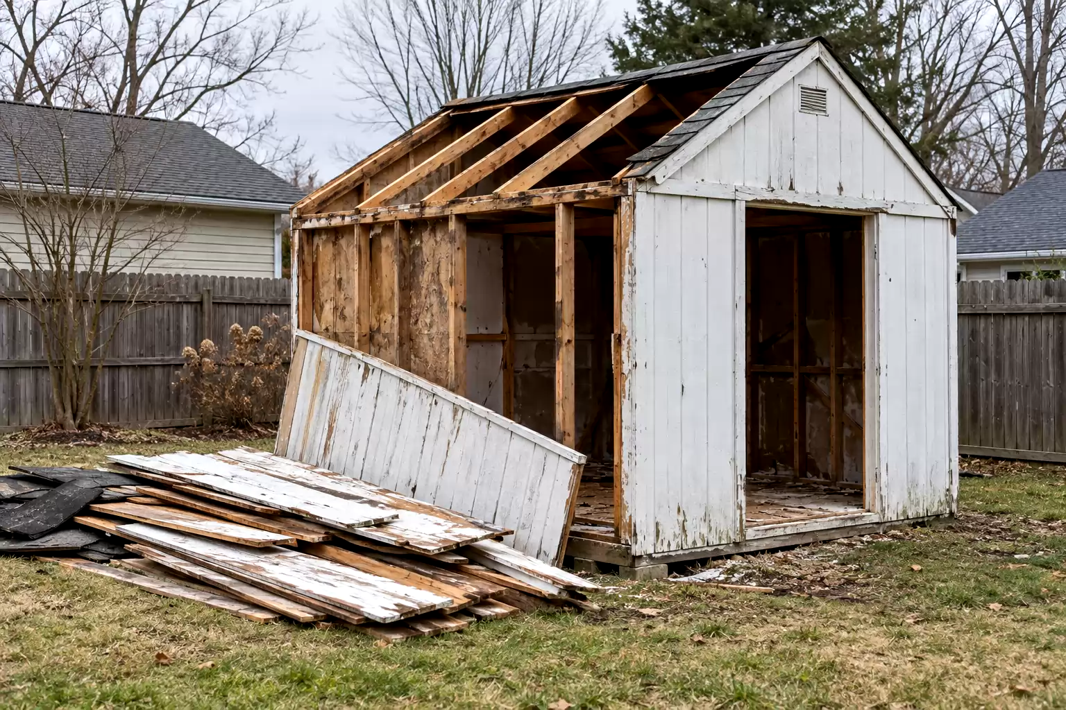 Partly dismantled wooden shed with boards stacked outside