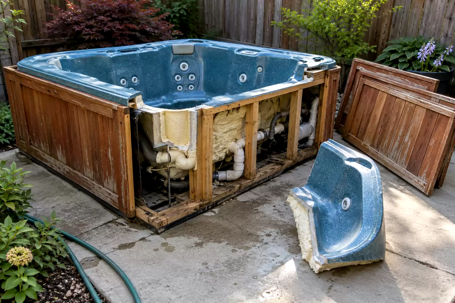 Partly dismantled hot tub with exposed frame