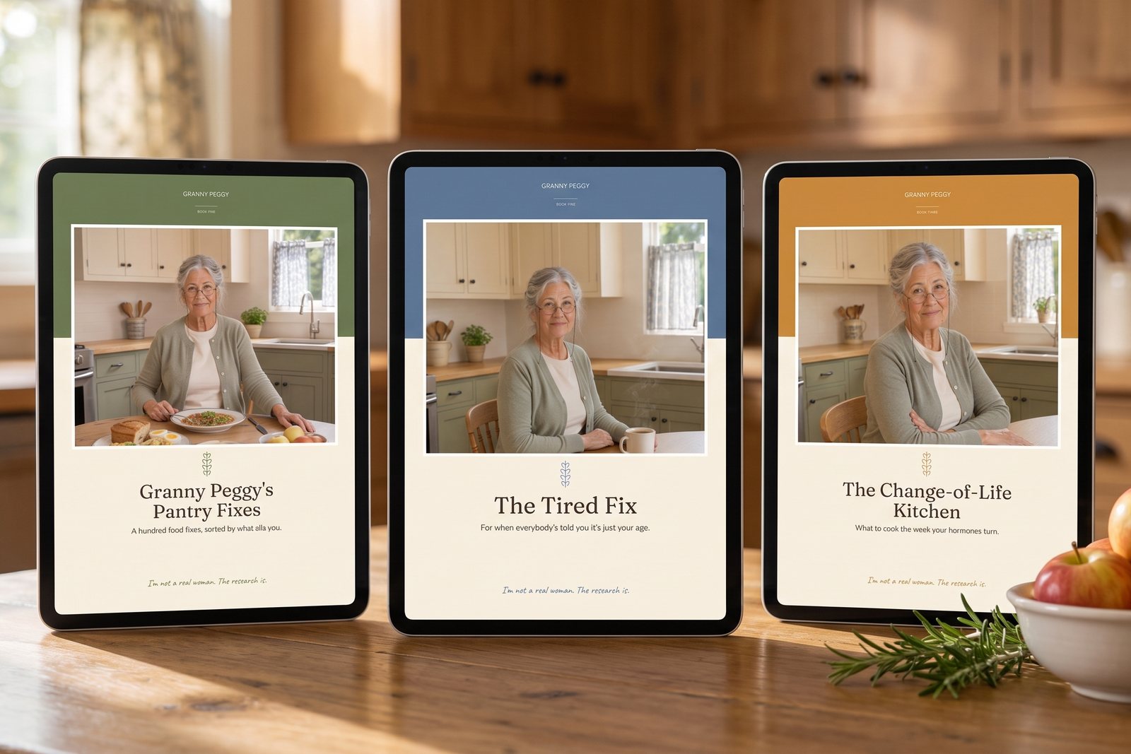 The three Granny Peggy ebooks open on tablet screens on a kitchen table