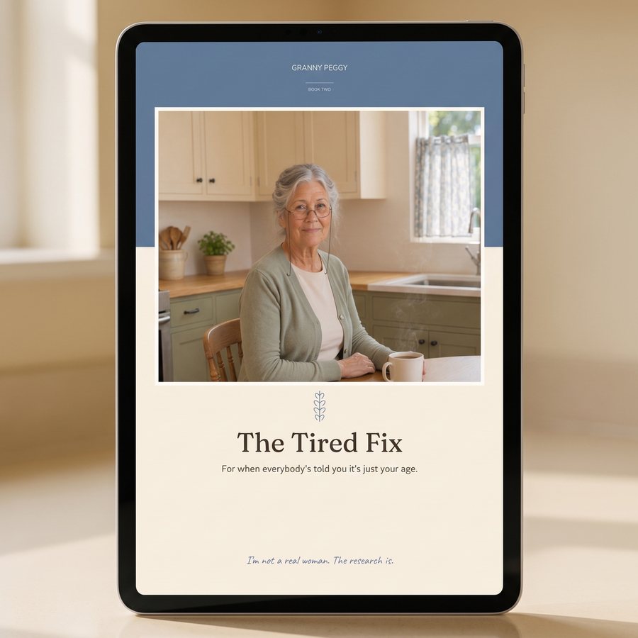 The Tired Fix open on a tablet screen in a kitchen