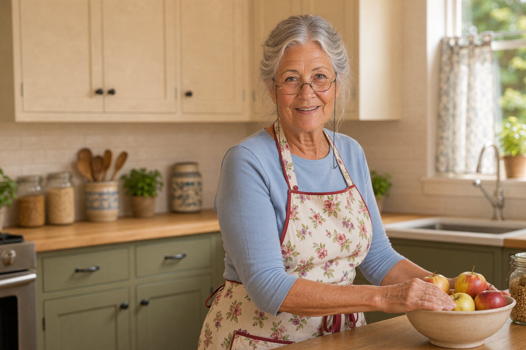 Granny Peggy in her farmhouse kitchen, a bowl of apples on the counter