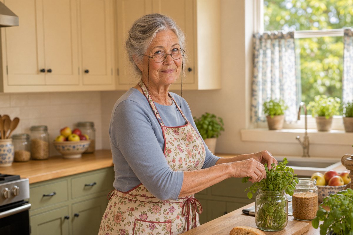 Granny Peggy arranging herbs at her kitchen counter