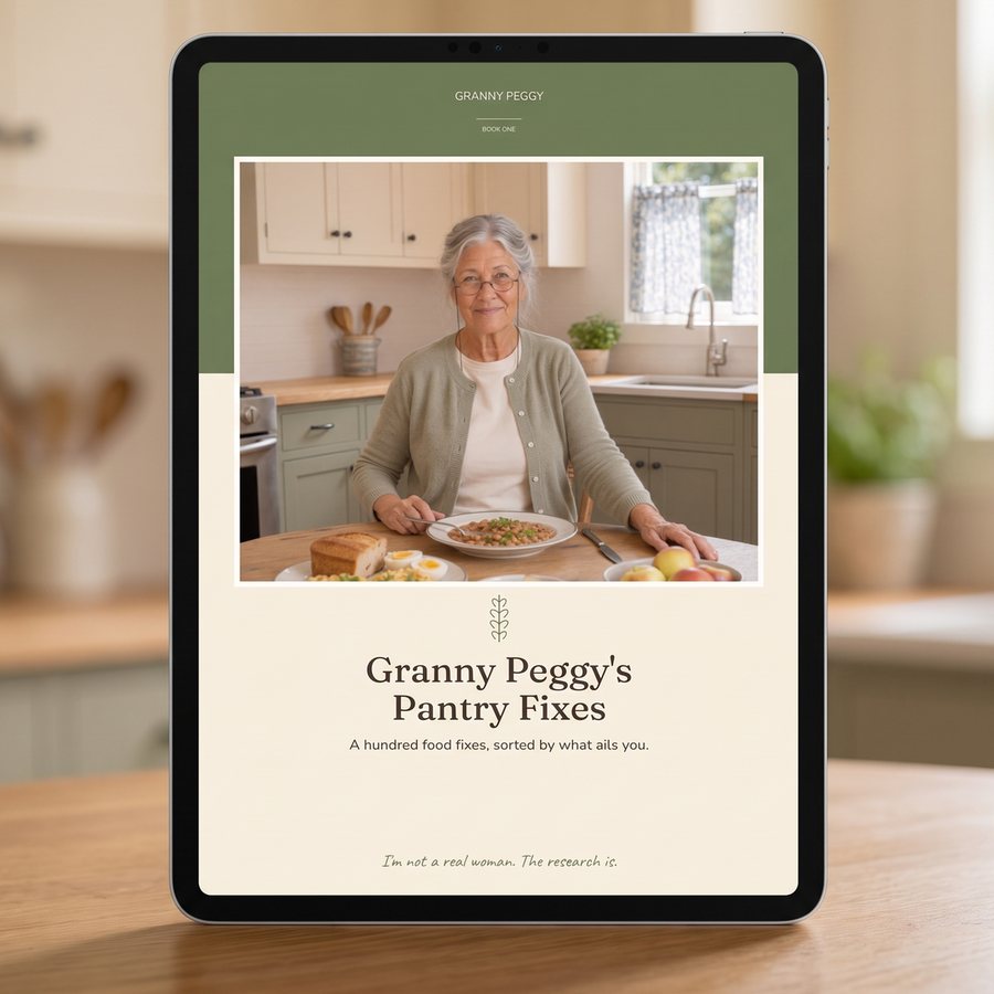 Granny Peggy's Pantry Fixes open on a tablet screen in a kitchen