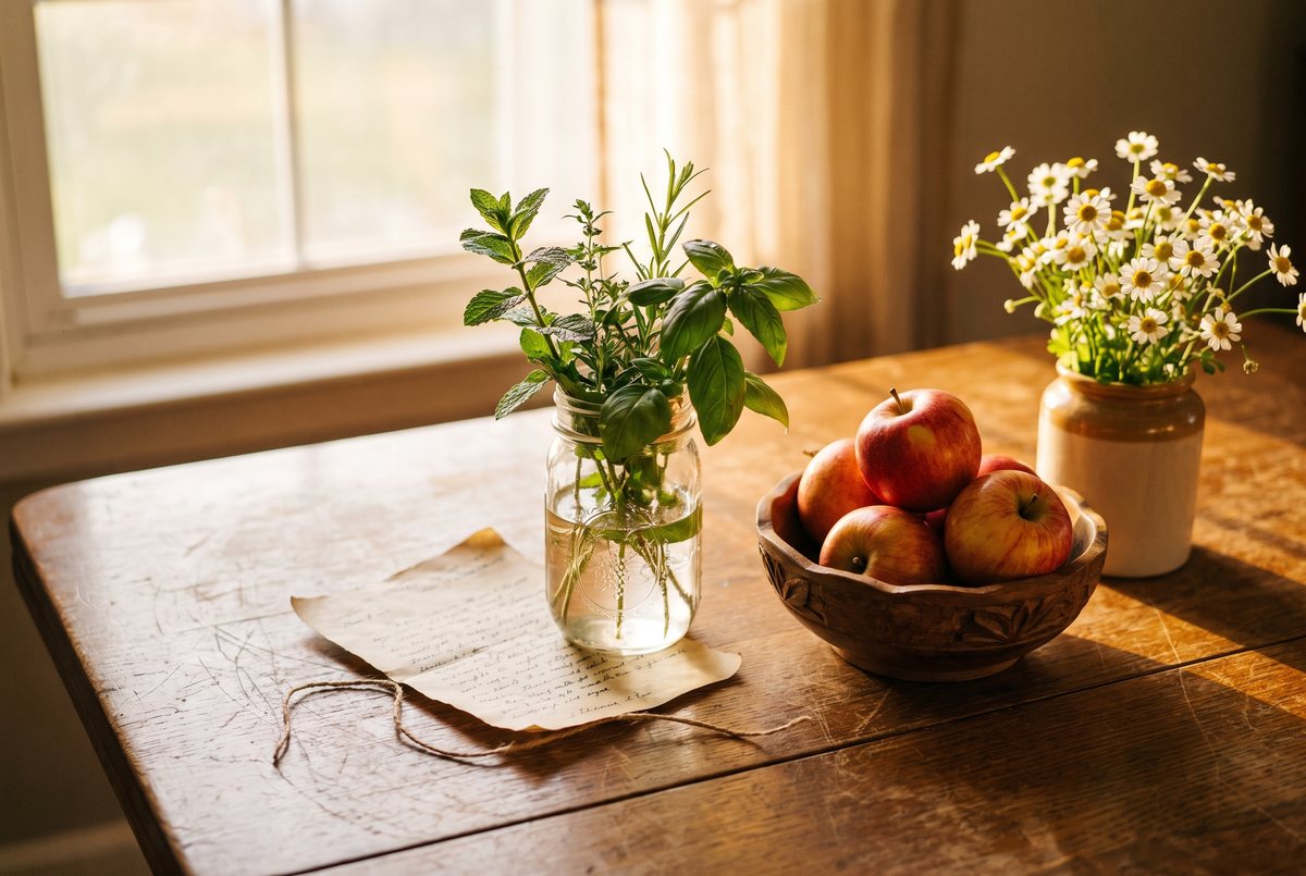 Herbs in a jar, a handwritten note and a bowl of apples