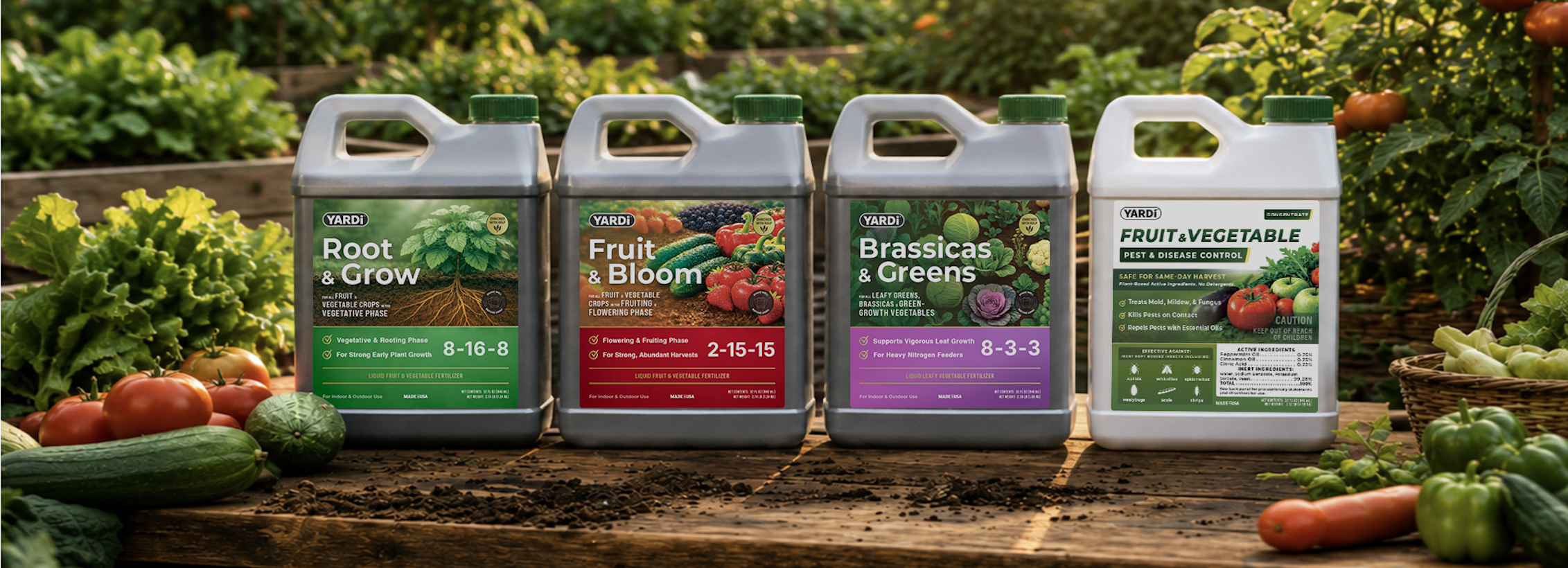 YARDi Fruit & Vegetable product lineup in a garden