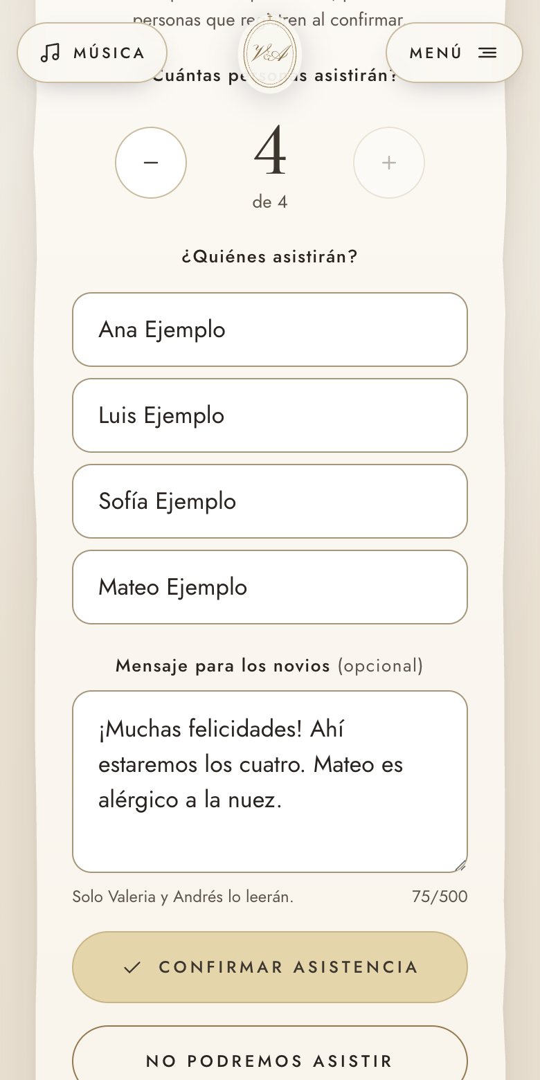 Formulario con los nombres de quienes asisten y mensaje para los novios